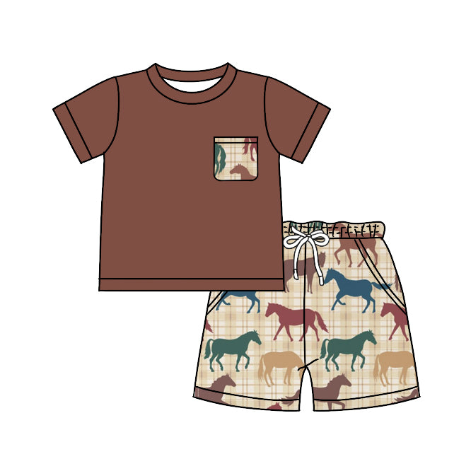 Baby Boys Pocket Tee Shirts Western Horse Summer Shorts Clothes Sets Preorder