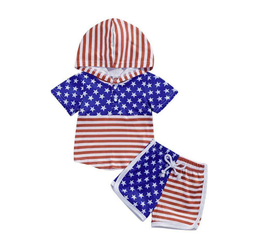 Baby Boys 4th Of July Stars Hooded Top Shorts Clothes Sets Preorder