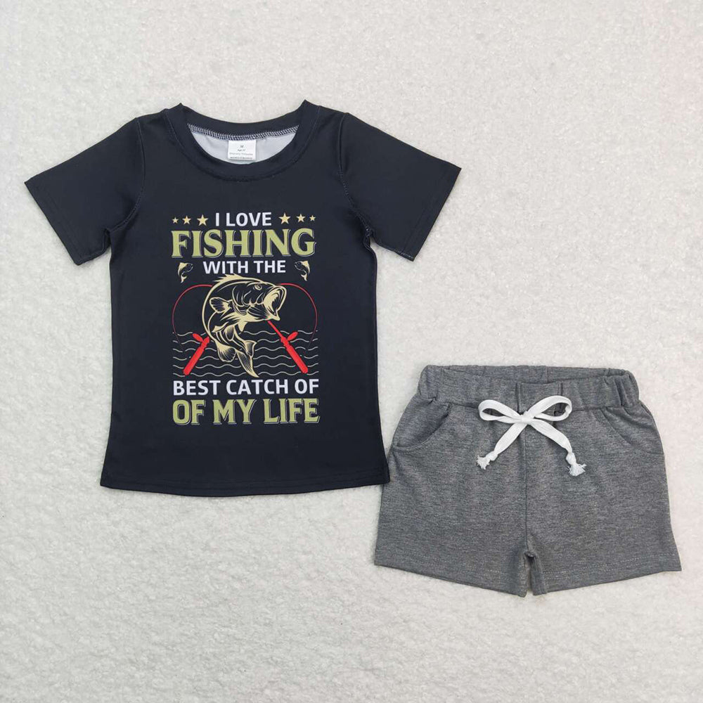 Baby Boys Fishing Life Tee Shirts Grey Shorts Summer Clothes Sets