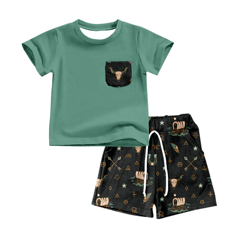 Baby Boys Western Green Short Sleeve Top Black Cow Shorts Clothes Sets Preorder