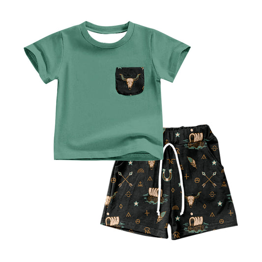 Baby Boys Western Green Short Sleeve Top Black Cow Shorts Clothes Sets Preorder