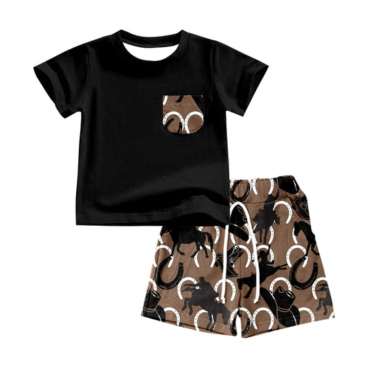 Baby Boys Black Western Horse Short Sleeve Tee Shirts Shorts Clothes Sets Preorder