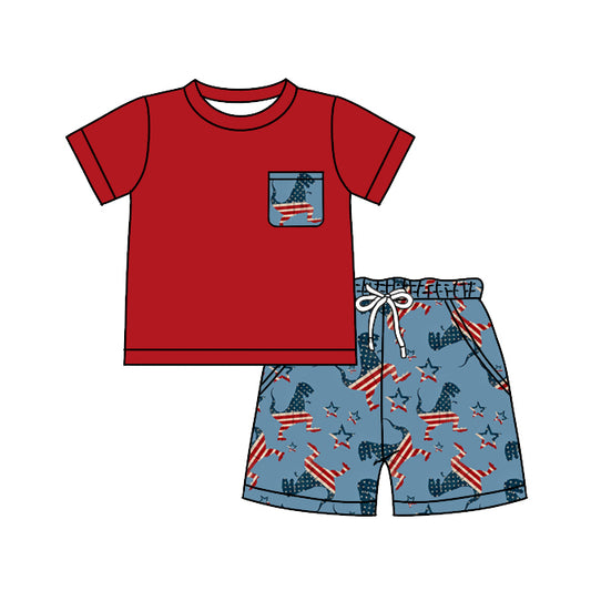 Baby Boys 4th Of July Dinosaurs Pocket Shirts Shorts Clothes Sets Preorder