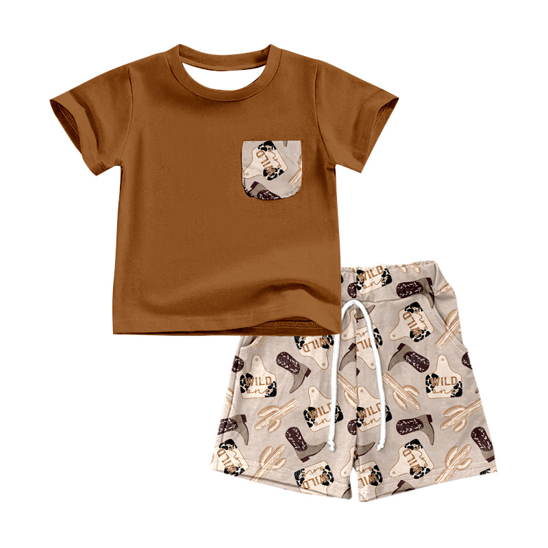 Baby Boys Brown Cow Tag Pocket Shirts Western Shorts Outfits Summer Clothes Sets Preorder