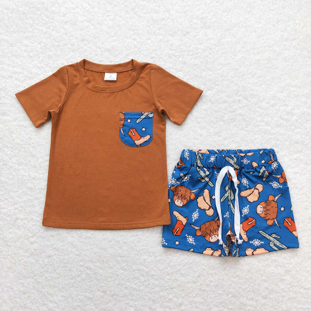 Sibling Baby Boys Western Cow Pocket Top Shorts Clothes Sets