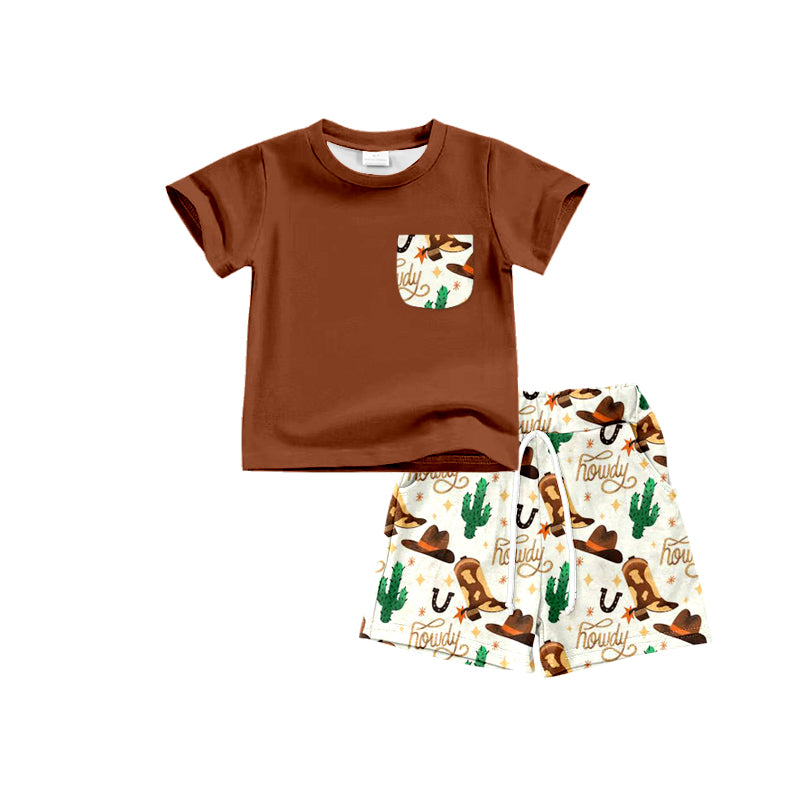 Baby Boys Brown Pocket Tee Shirts Western Boots Shorts Clothes Sets Preorder