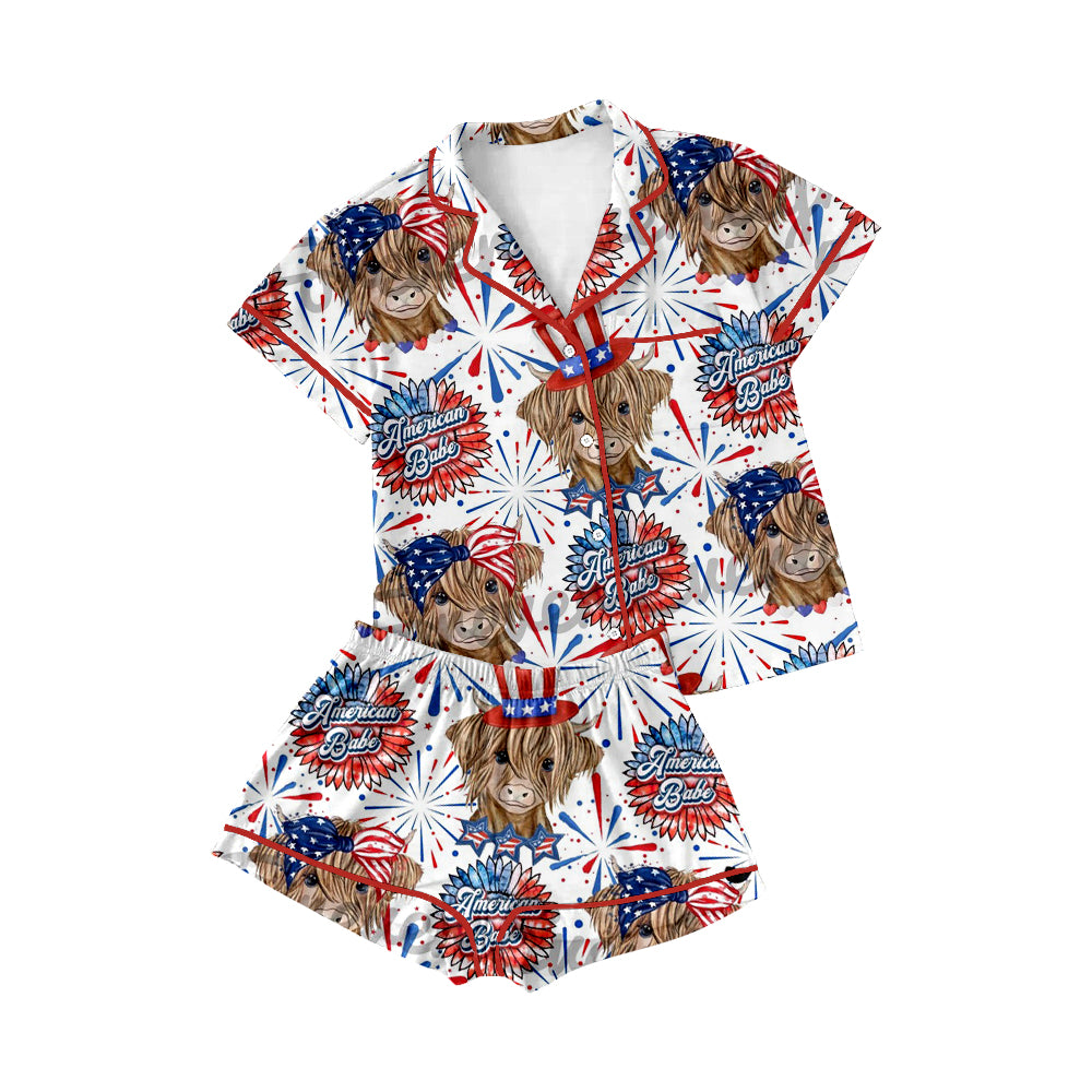 Baby Girls Boys 4th Of July Highland Cow Buttons Shirts Shorts Pajamas Clothes Sets Preorder