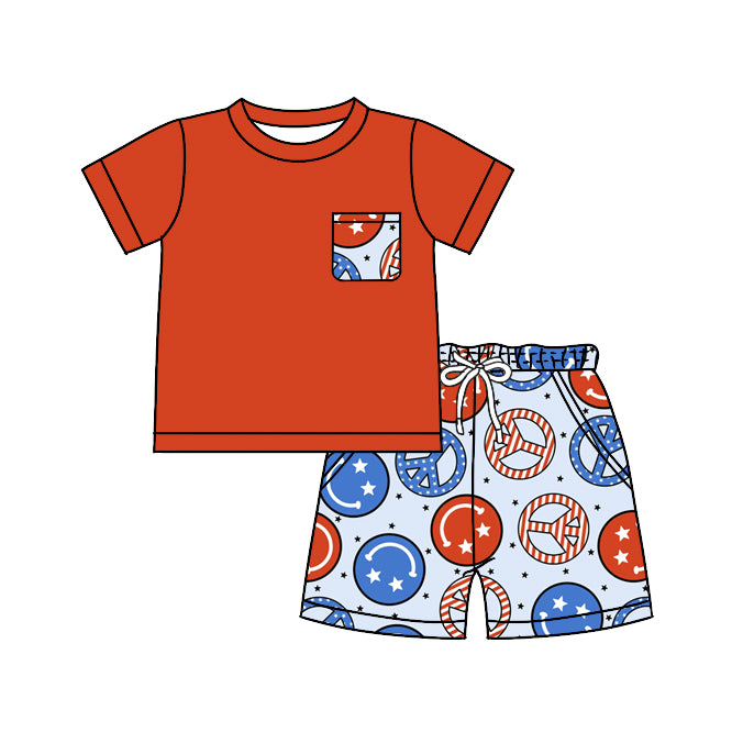 Baby Boys 4th Of July Pocket Shirt Peace Smile Shorts Summer Clothes Sets Preorder