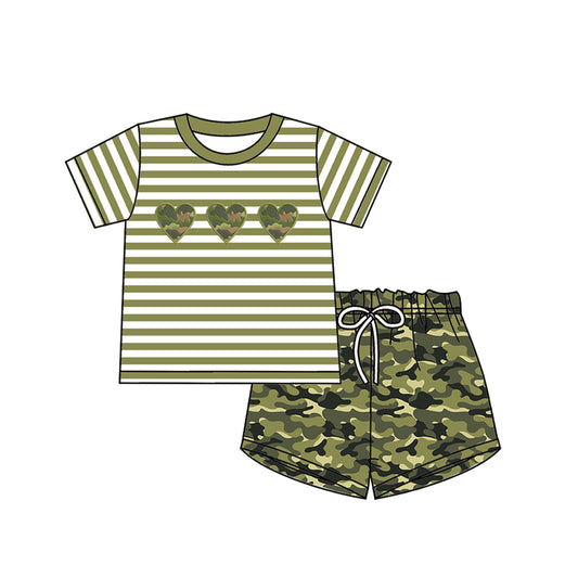 Baby Boys Green Stripes Tee Shirt Top Camo Shorts Clothes Sets Preorder