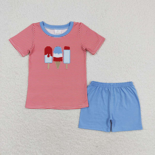 Sibling Baby Boys Embroidery Popsicle Flags Top Pockets Short 4th of July Clothes Sets