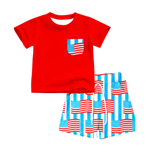 Baby Boys Flags 4th Of July Pocket Shirts Shorts Pajamas Clothes Sets Preorder