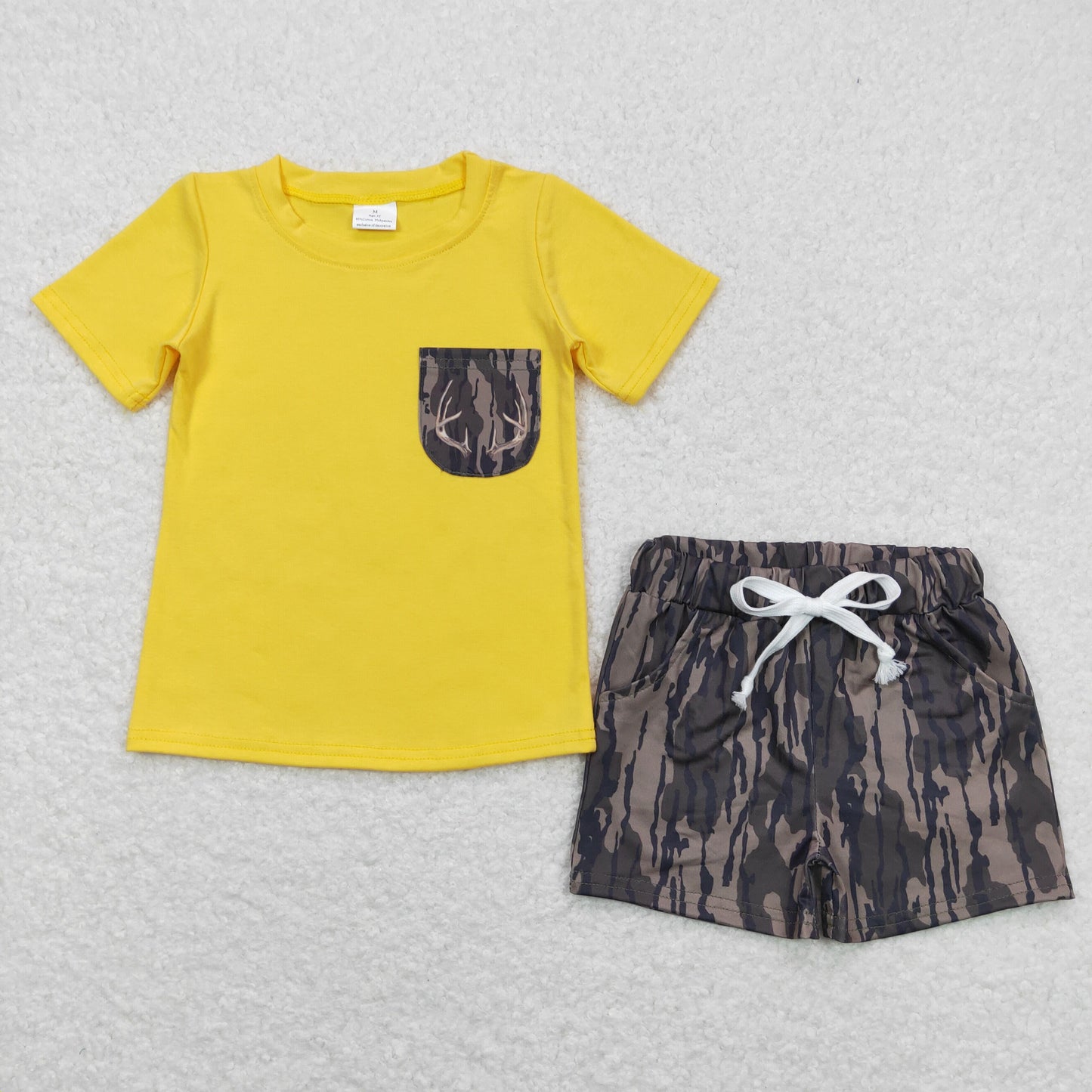 Sibling Baby Boys Yellow Short Sleeve Pocket Top Southern Olive Camo Short Pants Clothes Sets