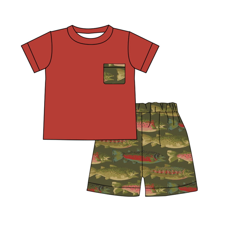 Baby Boys Dark Green Fish Shirt Shorts Outfits Clothes Sets Preorder