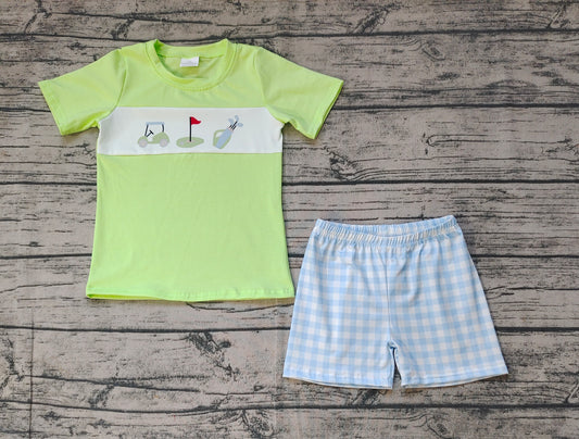 Baby Boys Golf Green Shirt Blue Checkered Shorts Outfits Clothes Sets