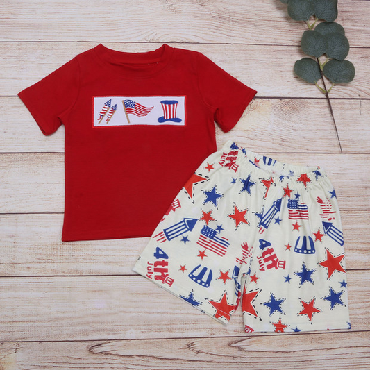 Baby Boys Red Boats Flags Short Sleeve Top 4th Of July Shorts Clothes Sets Preorder