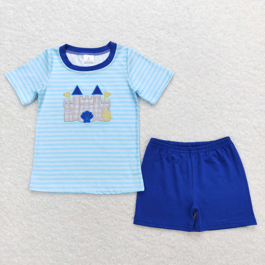 Sibling Baby Boys Short Sleeve Embroidery Beach Castles Top Shorts Clothes Sets