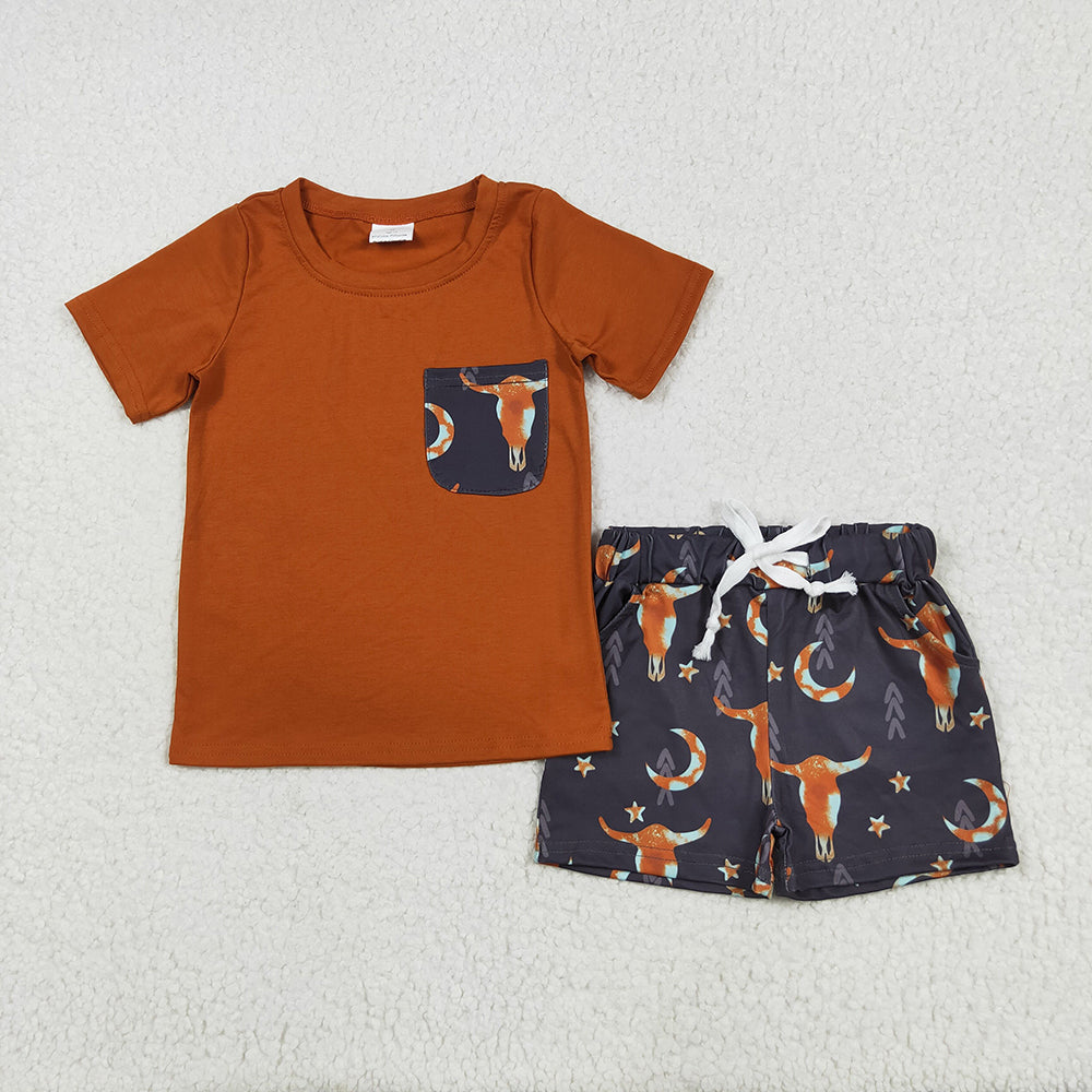 Baby Boys Brown Shirt Top Cow Stars Western Shorts Clothes Sets