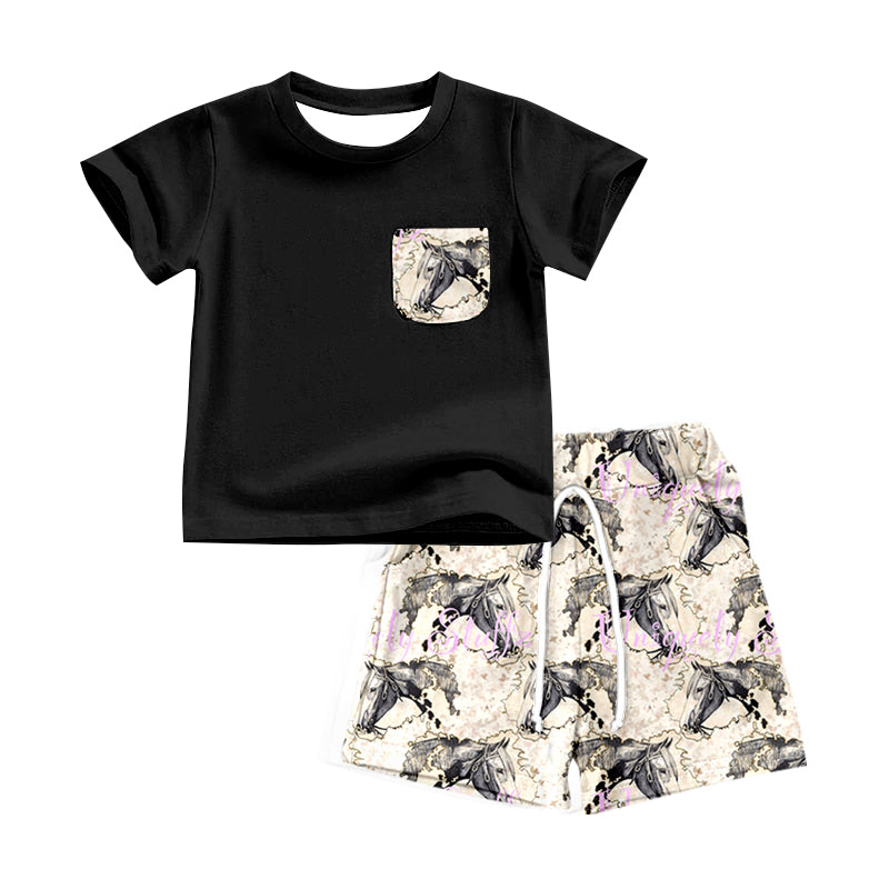 Baby Boys Black Shirt Top Horse Shorts Clothes Sets preorder