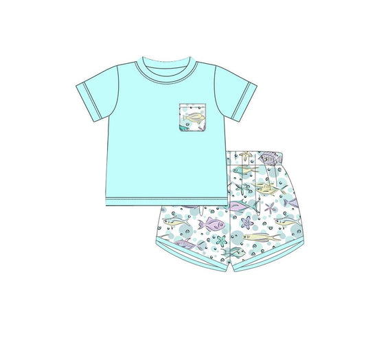 Baby Boys Blue Short Sleeve Tee Fish Stars Shorts Clothes Sets preorder