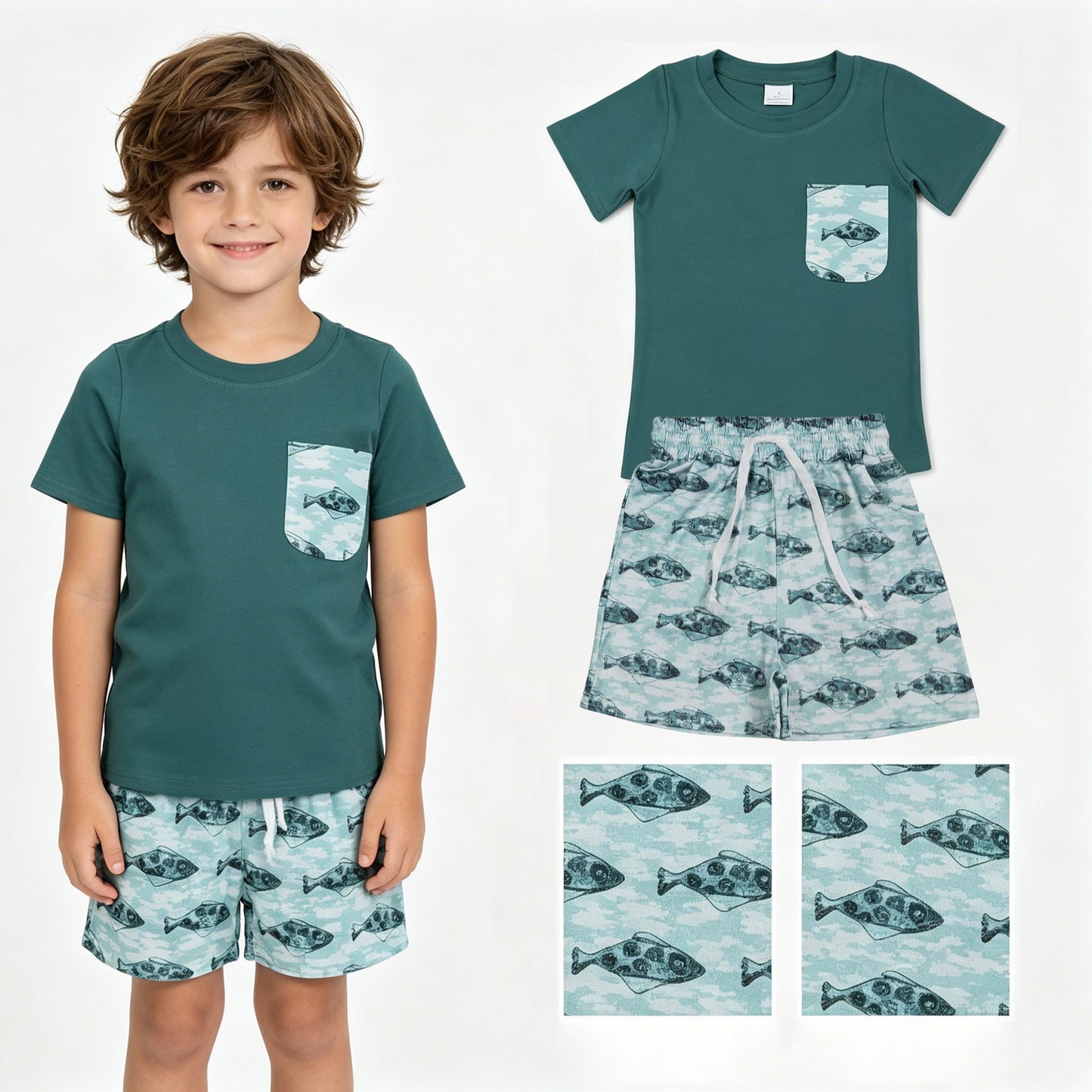 Baby Boys Dark Green Short Sleeve Shirts Top Fishes Shorts Hunting Clothes Sets