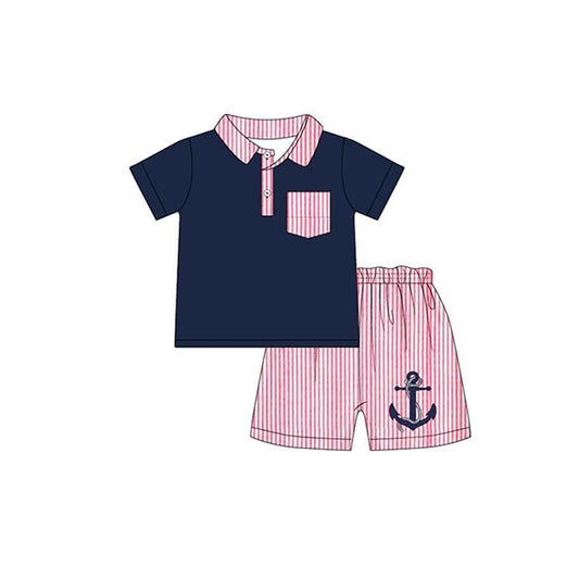 Baby Boys Navy Short Sleeve Tee Shirts Tops Anchor Shorts Clothes Sets Preorder