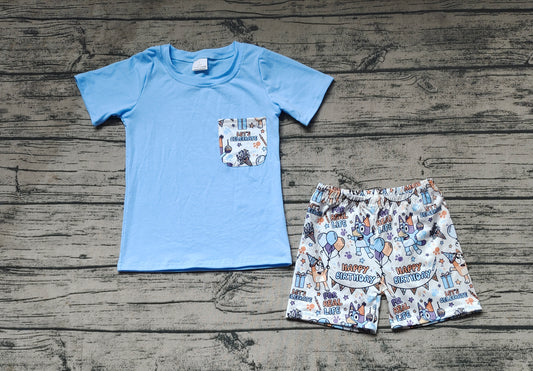 Baby Boys Blue Tee Shirts Tops Birthday Dogs Shorts Clothes Sets