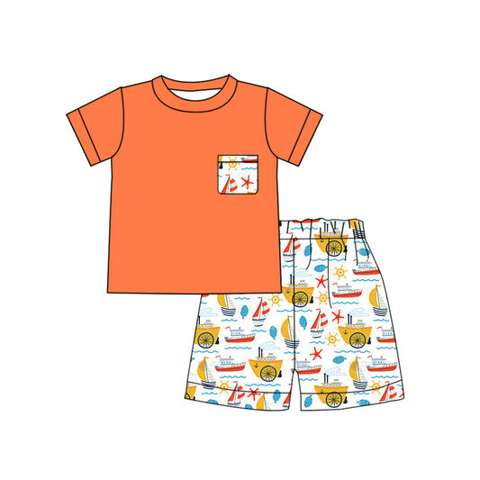 Baby Boys Orange Tee Shirts Tops Ships Boat Shorts Clothes Sets Preorder