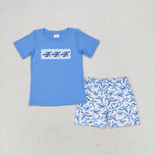 USA Shop Baby Boys Blue Embroidery Sea Turtles Top Short Clothes Set