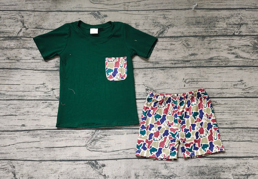 Baby Boys Deer Green Pocket Short Sleeve Tee Shirt Top Camo Shorts Clothes Sets