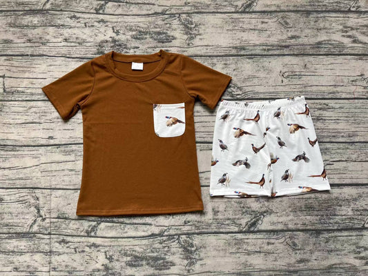 Baby Boys Brown Pocket Short Sleeve Tee Shirt Top Wild Chicken Shorts Clothes Sets