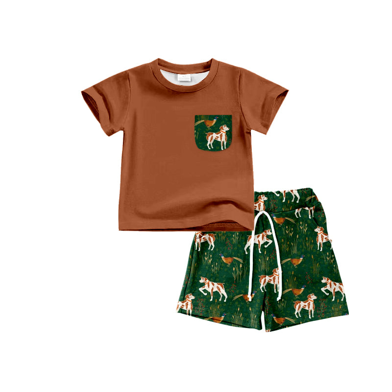 Baby Boys Brown Pocket Shirt Dog Chicken Shorts Clothes Sets Preorder