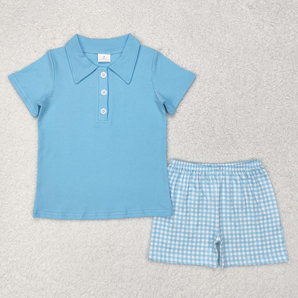 Baby Boys Blue Short Sleeve Tee Shirts Checkered Shorts Clothes Sets