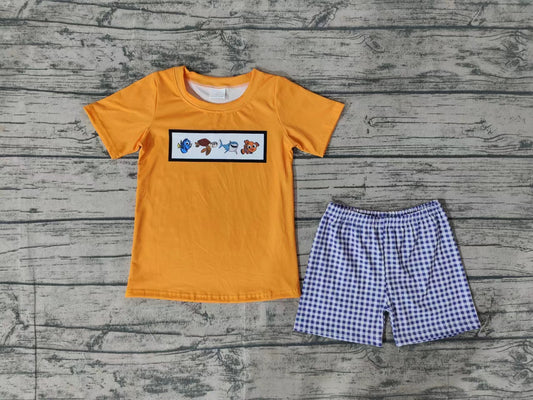 Baby Boys Orange Fish Shirt Checkered Shorts Clothes Sets