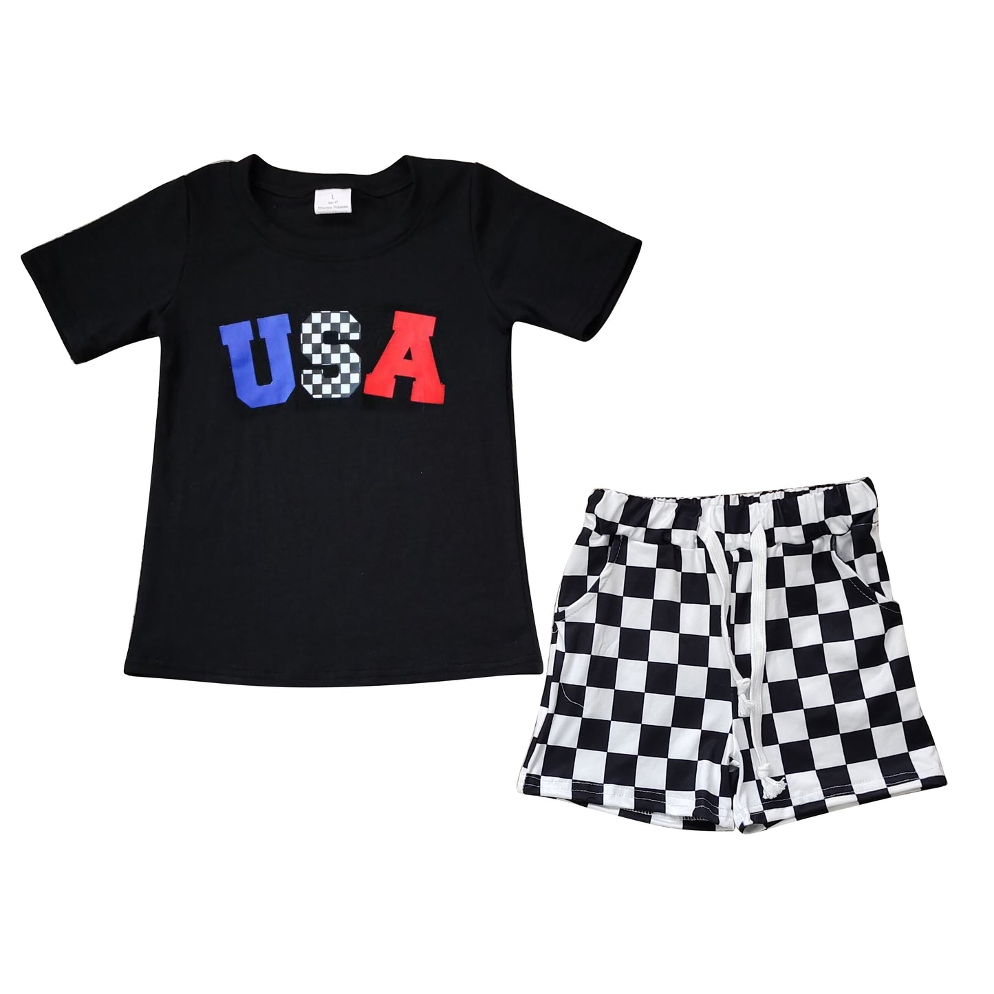 Baby Boys Black USA Short Sleeve Shirts Tops Black Checkered Shorts Clothes Sets Preorder