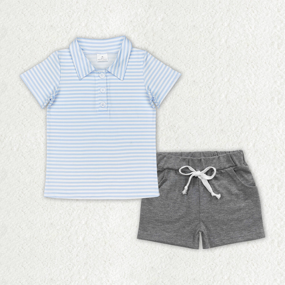 Baby Boys Blue Stripes Buttons Top Grey Pockets Shorts Clothes Sets