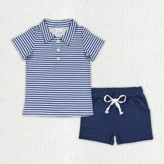 Baby Boys Blue Stripes Buttons Top Pockets Shorts Clothes Sets