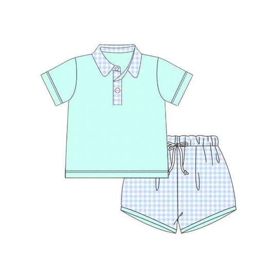 Baby Boys Green Pullover Shirt Checkered Shorts Clothes Sets Preorder