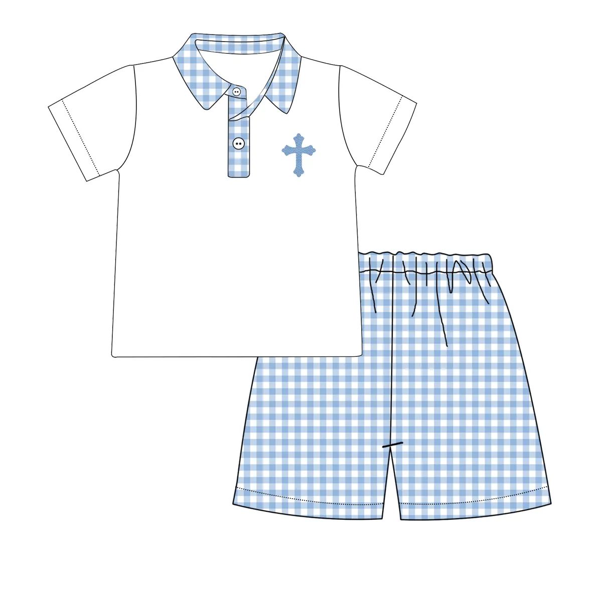 Baby Boys Easter Cross Tee Shirts Blue Checkered Shorts Clothes Sets Preorder