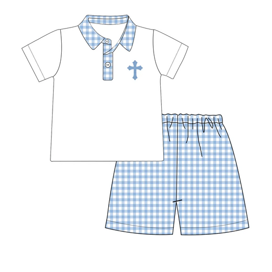 Baby Boys Easter Cross Tee Shirts Blue Checkered Shorts Clothes Sets Preorder