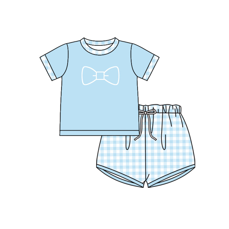 Baby Boys Blue Bow Tie Tee Shirts Checkered Shorts Clothes Sets Preorder