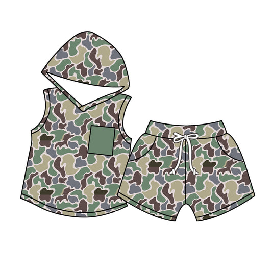 Baby Boys Green Camouflage Pocket Hooded Top Shorts Clothing Sets Preorder