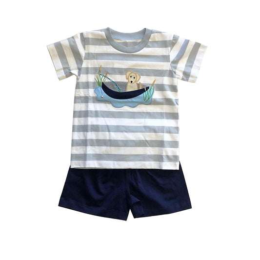 Baby Boys Grey Stripes Dog Fishing Top Shorts Clothing Sets Preorder