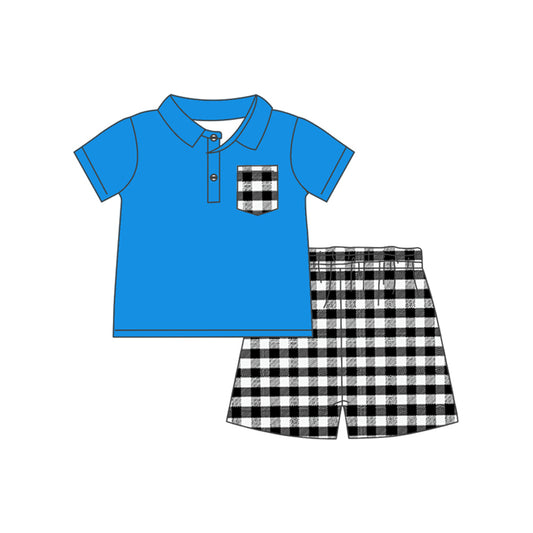 Baby Boys Blue Buttons Top Black Checkered Shorts Clothes Sets Preorder