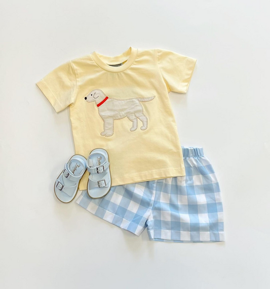 Baby Boys Yellow Dog Top Checkered Shorts Clothes Sets Preorder