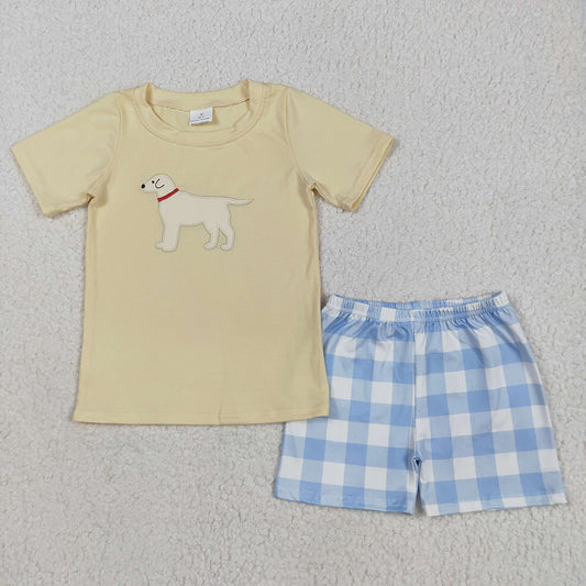 Embroidery Baby Boys Yellow Dog Top Checkered Shorts Clothes Sets