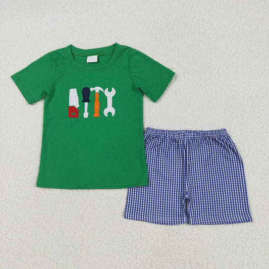 Embroidery Baby Boys Green Tools Shirts Checkered Shorts Clothes Sets