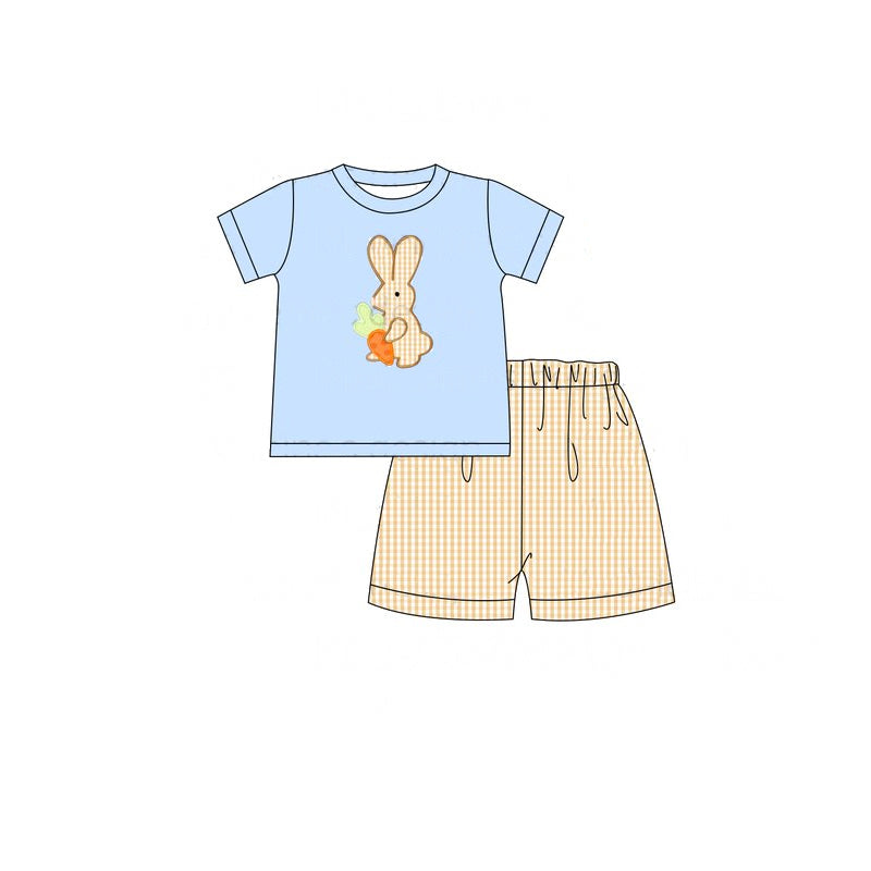 Baby Boys Easter Blue Rabbit Carrot Shirt Checkered Shorts Clothes Sets Preorder