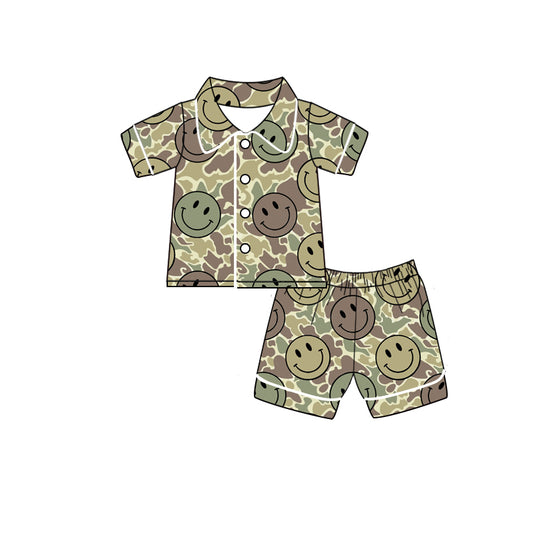 Baby Boys Green Camo Smile Buttons Top Shorts Pajamas Clothes Sets Preorder