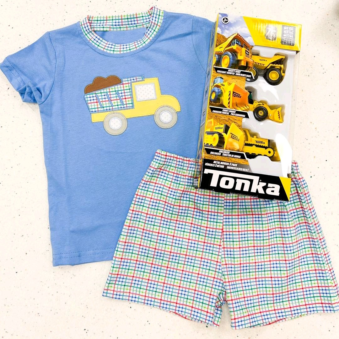 Baby Boys Lorry Short Sleeve Tee Top Checkered Shorts Clothes Sets Preorder