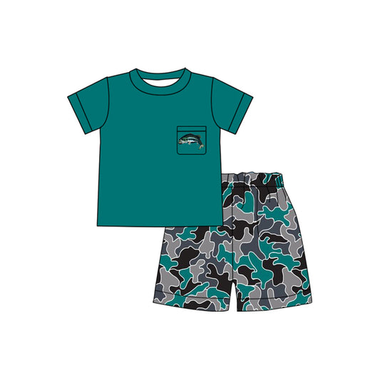 Baby Boys Blue Camo Fish Pocket Shirt Shorts Clothes Sets Preorder